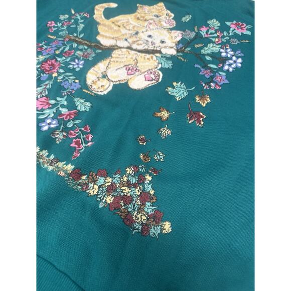 Vintage Basic Editions Teal Large Playful Kittens Floral Sweatshirt Turtleneck - Picture 6 of 12